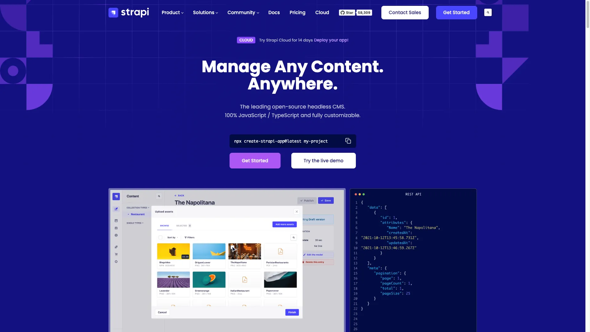 Page d'accueil du site internet de Strapi