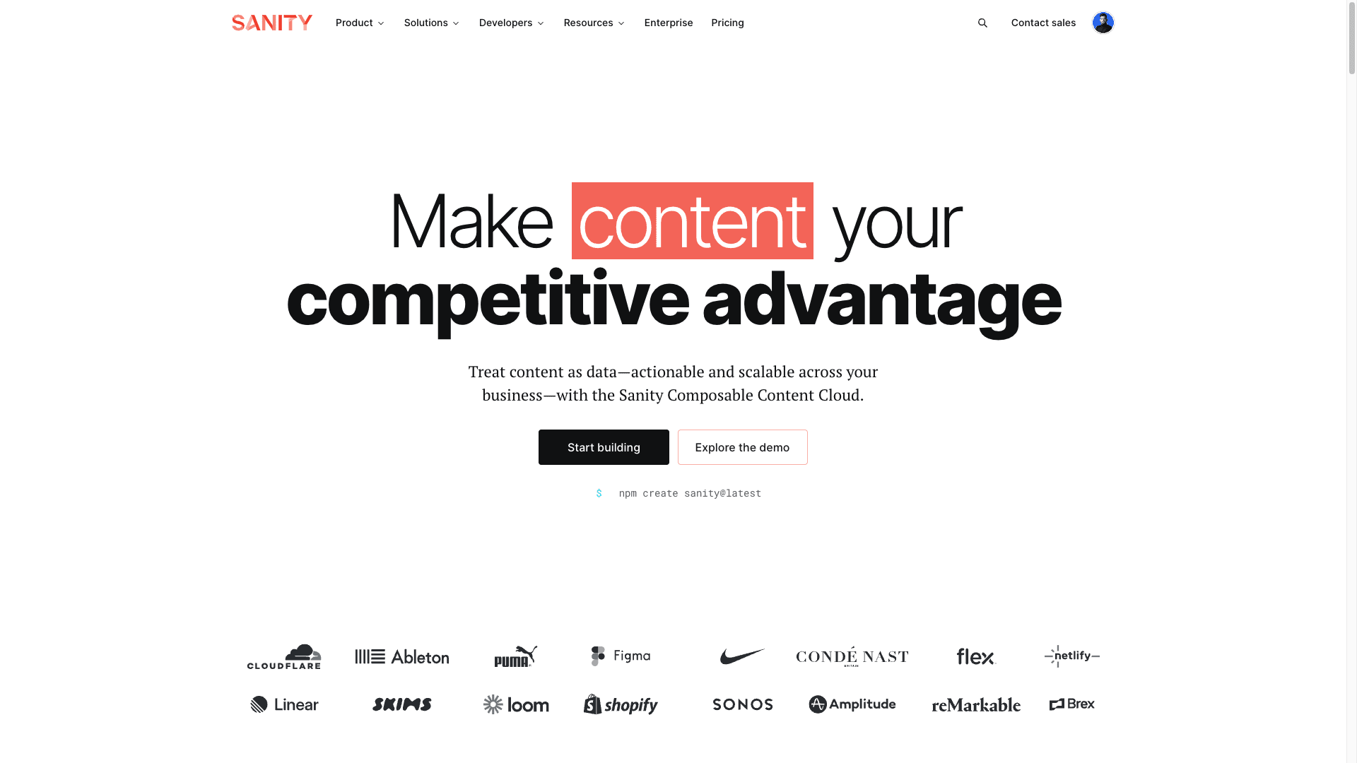 Page d'accueil du site internet de Sanity