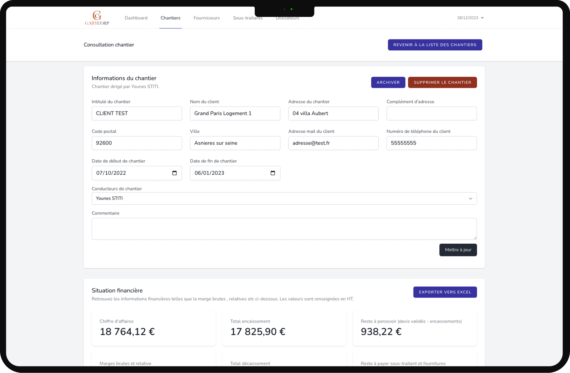 GaryCorp - Page - Suivi de Chantier